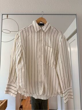 Zara White Button-Down Shirt with Olive Green Stripes